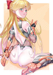  1girl absurdres arion_canvas ass blonde_hair blue_eyes bodysuit bow from_behind hair_bow highres long_hair looking_at_viewer looking_back magical_girl red_bow sailor_venus skin_tight smile solo taimanin_(series) taimanin_suit 