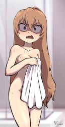 1girl absurdres aisaka_taiga alternate_breast_size annoyed artist_name blush breasts brown_eyes brown_hair collarbone completely_nude constricted_pupils covering_breasts covering_crotch covering_privates dot_nose embarrassed eyebrows feet_out_of_frame female_focus hand_up highres looking_at_viewer mr_snowkell nude open_mouth scared shaded_face small_breasts solo standing tongue toradora! towel towel_over_breasts watermark wavy_mouth wet rating:Questionable score:83 user:Only_Kemonomimi