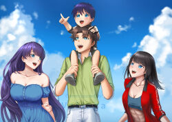  2boys 2girls abs absurdres black_hair blue_dress breasts cloud cloudy_sky commission dress fate/grand_order fate_(series) father_and_daughter father_and_son fujimaru_ritsuka_(male) highres if_they_mated large_breasts martha_(fate) medium_breasts mother_and_daughter mother_and_son multiple_boys multiple_girls muscular muscular_female off-shoulder_dress off_shoulder purple_hair sky tagme tepanyakin  rating:General score:5 user:danbooru
