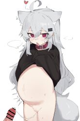  1girl absurdres after_vaginal aftersex ahoge animal_ears bandaid bandaid_on_cheek bandaid_on_face bandaid_on_nose bar_censor blush bottomless censored clothes_lift collar cum cum_in_pussy cum_string disembodied_penis fenrir_(fenriluuu) grey_hair hair_ornament hairclip heart highres hood hoodie lifted_by_self loli long_hair no_panties open_mouth panting penis pregnant pregnant_loli pussy red_eyes rir-chan sex shirt_lift standing standing_sex sweat tail tongue tongue_out trembling wolf_ears wolf_girl wolf_tail  rating:Explicit score:136 user:biny