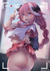 1boy :3 :d androgynous artist_name ass astolfo_(fate) astolfo_(sailor_paladin)_(fate) bag blurry bow braid braided_ponytail clothes_lift cowboy_shot crop_top crossdressing depth_of_field fang fate/apocrypha fate/grand_order fate_(series) flying_sweatdrops from_behind hair_between_eyes hair_bow highres indoors kanachirou lifting_own_clothes long_hair looking_at_viewer male_focus microskirt multicolored_hair no_panties official_alternate_costume open_mouth pink_hair pleated_skirt purple_eyes recording school_bag school_uniform serafuku short_sleeves single_braid skirt skirt_lift smile solo streaked_hair thighhighs trap twitter_username v very_long_hair viewfinder white_thighhighs rating:Questionable score:165 user:danbooru