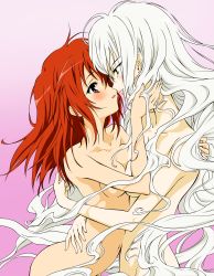 00s 2girls absurdres aoi_nagisa blush breasts female_focus hanazono_shizuma highres hug large_breasts long_hair multiple_girls nude red_hair simple_background strawberry_panic! tagme very_long_hair white_hair yuri rating:Questionable score:14 user:Anonymous