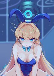  1girl animal_ears arms_between_legs bare_shoulders blonde_hair blue_archive blue_bow blue_bowtie blue_eyes blue_leotard blush bow bowtie breasts chaoschao cleavage commentary covered_navel english_commentary halo headset highres implied_sex legs_apart leotard long_hair looking_at_viewer medium_breasts motion_lines no_bra open_mouth playboy_bunny rabbit_ears solo straddling thighhighs toki_(blue_archive) toki_(bunny)_(blue_archive) trembling very_long_hair 