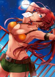  1girl adjusting_hair armlet armpits arms_behind_head arms_up bare_shoulders bellows_(suisei_no_gargantia) belt belt_pouch bikini bikini_top_only blue_eyes blush breasts cleavage closed_mouth collarbone cowboy_shot dutch_angle earrings full_moon groin hair_ornament highres hoop_earrings jewelry large_breasts letter long_hair looking_at_viewer moon mouth_hold navel night night_sky ocean pouch railing red_hair seductive_smile short_shorts shorts shouno_kotarou sidelocks sky smile solo star_(sky) starry_sky stomach suisei_no_gargantia swimsuit 