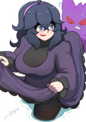  1girl @_@ ahoge alternate_breast_size artist_name black_hair black_pantyhose blue_eyes breasts clothes_lift commentary_request creatures_(company) crossed_bangs dress dress_lift flying_sweatdrops game_freak gen_1_pokemon gengar hair_between_eyes hairband hex_maniac_(pokemon) highres john_(a2556349) large_breasts long_dress long_hair messy_hair nintendo open_mouth pantyhose partially_submerged pokemon pokemon_(creature) pokemon_xy purple_hairband wading 