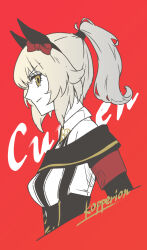  1girl absurdres alternate_eye_color alternate_hairstyle animal_ears bow coat curren_chan_(umamusume) dress ear_bow ear_covers from_side grey_hair highres horse_ears horse_girl kopperion looking_at_viewer off-shoulder_coat off-shoulder_jacket off_shoulder red_background red_bow short_hair short_ponytail sideways_glance simple_background solo striped_clothes striped_dress umamusume upper_body vertical-striped_clothes vertical-striped_dress yellow_eyes 
