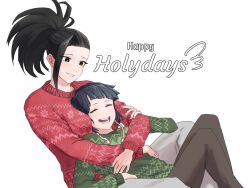  2girls black_hair blush boku_no_hero_academia breast_pillow breasts christmas christmas_sweater closed_eyes couple green_sweater happy happy_holidays high_ponytail highres hug hug_from_behind huge_breasts jirou_kyouka lap laughing multiple_girls purple_hair red_sweater short_hair simple_background sitting sitting_on_lap sitting_on_person smile sweater teeth tongue vvvmung white_background yaoyorozu_momo yuri 