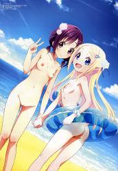  10s 2girls :d absurdres artist_request ass beach bent_over blonde_hair blue_eyes blue_ribbon blue_sky breasts cloud collarbone dutch_angle fangs flower hair_flower hair_ornament hair_ribbon hairclip hana_n._fountainstand hanayamata highres holding_hands innertube japanese_text loli long_hair looking_at_viewer multiple_girls navel nipples nude nude_filter ocean open_mouth pink_ribbon purple_eyes purple_hair pussy ribbon sekiya_naru short_twintails sky small_breasts smile standing swim_ring text_focus third-party_edit twintails v  rating:Explicit score:80 user:ara-ara