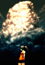1girl aircraft airplane amano_tsubaki bandages bare_shoulders black_hair blood cloud commentary cumulonimbus_cloud dusk highres jet long_hair onibi_(foxhound4185) original ponytail shorts sky solo rating:Sensitive score:18 user:danbooru