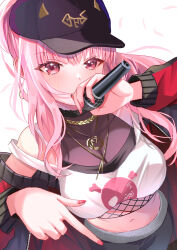  1girl baseball_cap black_hat black_jacket black_pants blunt_bangs breasts cleavage commentary crop_top cropped_shirt earrings english_commentary fishnet_top fishnets halter_shirt halterneck hat highres holding holding_microphone hololive hololive_english hoop_earrings jacket jewelry large_breasts long_hair long_sleeves looking_at_viewer microphone mori_calliope mori_calliope_(streetwear) multicolored_clothes multicolored_jacket nail_polish necklace off_shoulder official_alternate_hairstyle pants pink_eyes pink_hair rapping red_jacket red_nails see-through see-through_cleavage sidelocks single_bare_shoulder skull_and_crossbones solo sweatpants tank_top track_suit two-tone_jacket upper_body virtual_youtuber white_tank_top zacky 