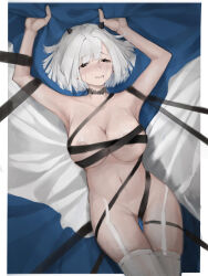 1girl absurdres alternate_eye_color alternate_hair_color areola_slip armpits bed_sheet black_choker blush bound bound_arms breasts brown_dust_2 censored choker covered_erect_nipples crying crying_with_eyes_open feet_out_of_frame full-face_blush garter_belt hair_in_own_mouth highres justia_(brown_dust) large_breasts lips lying navel on_back on_bed red_eyes sheet_grab short_hair small_horns solo stomach tape_censor tears teeth thighhighs user_jpvk2737 white_hair white_thighhighs  rating:Questionable score:8 user:danbooru