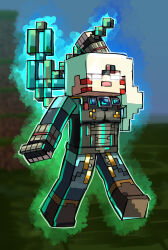  absurdres alex_(minecraft) alternate_color alternate_costume alternate_hair_color alternate_weapon aura axe blue_gemstone chest_jewel commentary corruption crescent crossover dark_persona double_helix english_commentary facial_tattoo fierce_deity gem gloves glowing glowing_eyes highres holding holding_axe looking_to_the_side minecraft nintendo no_pupils possessed railroad_tracks stoic_seraphim super_smash_bros. tattoo the_legend_of_zelda the_legend_of_zelda:_majora&#039;s_mask triangle walking weapon white_eyes white_hair 