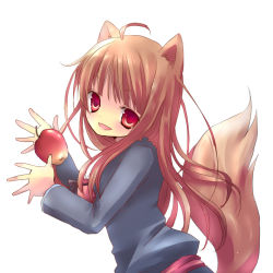  00s animal_ears apple bad_id bad_pixiv_id brown_hair food fruit holo kosuzume long_hair red_eyes solo spice_and_wolf tail wolf_ears wolf_tail  rating:Sensitive score:2 user:danbooru