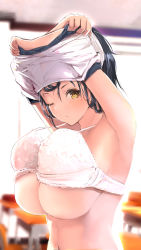1girl armpits arms_up black_hair blurry blurry_background bra bra_lift breasts chair closed_mouth commentary_request desk gym_shirt highres indoors large_breasts looking_at_viewer navel one_eye_closed original school_chair school_desk shirt sideboob solo standing underboob underwear undressing upper_body white_bra white_shirt window yaegashi_nan yellow_eyes rating:Sensitive score:73 user:danbooru