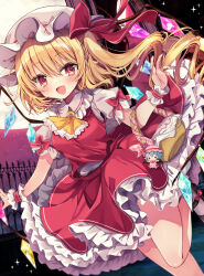  1girl ascot basket blonde_hair blush breasts flandre_scarlet full_moon hair_ribbon hat highres holding holding_basket kasane_(cynthia) long_hair mob_cap moon night outdoors red_eyes red_moon red_ribbon red_shirt red_skirt remilia_scarlet ribbon shirt side_ponytail skirt small_breasts smile solo stuffed_toy touhou vampire white_hair wings yellow_ascot 