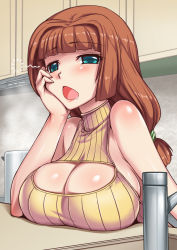 1girl aokihoshi bare_shoulders blue_eyes breast_rest breasts brown_hair cleavage cleavage_cutout clothing_cutout female_focus highres indoors kitchen large_breasts long_hair meme_attire no_bra open_mouth original shiny_skin sleepy solo sweater turtleneck turtleneck_sweater upper_body rating:Sensitive score:20 user:Xander