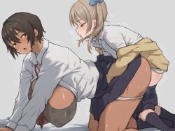  2girls blonde_hair breasts brown_hair buttjob closed_eyes clothed_sex dark-skinned_female dark_skin doggystyle dry_humping futa_with_female futanari grinding hands_on_another&#039;s_thighs height_difference humping implied_futanari implied_sex kei_(m_k) large_breasts long_hair m_k multiple_girls open_mouth original red_eyes rika_(m_k) sex sex_from_behind short_hair simple_background size_difference standing sweat tall tall_female tan tomboy tongue tongue_out twintails  rating:Questionable score:430 user:danbooru