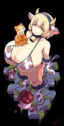  2girls :o absurdres alternate_breast_size animal_costume animal_ears animal_print bare_shoulders bell bikini black_hair blonde_hair boots breasts cleavage commentary_request cow_ears cow_girl cow_horns cow_print cow_print_bikini cow_print_gloves cow_tail cowbell dungeon_meshi fake_animal_ears fake_horns falin_touden falin_touden_(tallman) frog_costume from_above fur_collar gigantic_breasts gloves green_eyes highres horns isirii_r_18 looking_at_viewer marcille_donato mini_person minigirl multiple_girls mushroom print_bikini print_gloves short_hair simple_background sitting sitting_on_person standing swimsuit tail white_footwear white_gloves yellow_eyes 