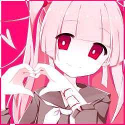  1girl artist_request blood character_request heart pink_hair red_eyes school_uniform smile solo  rating:Questionable score:8 user:Shockpulse