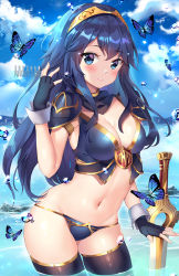  1girl alternate_breast_size animal armor artist_name black_gloves black_thighhighs blue_eyes blue_hair blue_panties blue_sky breasts bug butterfly cleavage cloud cloudy_sky commentary crop_top day fingerless_gloves fingernails fire_emblem fire_emblem_awakening gloves groin hair_between_eyes hand_up highres insect long_hair looking_at_viewer lucina_(fire_emblem) medium_breasts navel nintendo outdoors panties pauldrons shoulder_armor sky solo squchan standing sword thighhighs underwear very_long_hair wading watermark weapon web_address  rating:Sensitive score:73 user:danbooru