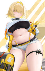  1girl ahoge artist_name black_gloves black_sports_bra blonde_hair breasts clothing_cutout crop_top crop_top_overhang cropped_sweater cyicheng elegg_(nikke) eyes_visible_through_hair fang gloves goddess_of_victory:_nikke hair_intakes hair_over_eyes large_breasts long_bangs long_sleeves looking_at_viewer micro_shorts midriff multicolored_hair navel pulling_own_clothes purple_eyes short_hair shorts shoulder_cutout simple_background smile solo sports_bra suspender_shorts suspenders suspenders_pull thigh_strap two-tone_gloves two-tone_hair white_shorts yellow_gloves 