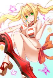 10s 1girl ahoge barefoot bikini blonde_hair breasts earrings fate/extra fate/grand_order fate_(series) female_focus gradient_background green_eyes jewelry large_breasts long_hair long_twintails looking_at_viewer nero_claudius_(fate) nero_claudius_(fate)_(all) nero_claudius_(fate/extra) nero_claudius_(swimsuit_caster)_(fate) red_bikini sandals side-tie_bikini_bottom simple_background smile solo striped_bikini striped_clothes swimsuit tetrano toes twintails