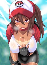10s 1girl bent_over bike_shorts blush breasts brown_hair cleavage cleavage_reach clothes_pull creatures_(company) dark-skinned_female dark_skin female_protagonist_(pokemon_go) game_freak hat heavy_breathing hot konno_tohiro large_breasts long_hair looking_at_viewer naughty_face nintendo no_bra pokemon pokemon_go ponytail pulling_own_clothes purple_eyes shirt_pull smile solo sweat tan tanline tsurime rating:Questionable score:232 user:danbooru