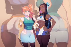  2girls abs adjusting_clothes aqua_hair armband armlet ass ass_focus bikini black_hair black_legwear blue_eyes blue_eyeshadow blue_lips bracelet breasts blowing_bubbles chewing_gum cleavage close-up covered_erect_nipples creatures_(company) dark-skinned_female dark_skin earrings eyeshadow game_freak green_eyes grin gym_leader hair_ornament heart heart_earrings heart_hair_ornament highres hip_vent hoop_earrings jacket jewelry large_breasts lipstick long_hair makeup meme_attire multicolored_hair multiple_girls multiple_views nessa_(pokemon) nintendo no_panties nyantcha off-shoulder_jacket off_shoulder open_clothes open_jacket orange_hair pants pantyhose pinup_(style) pokemon pokemon_swsh projected_inset ribbed_sweater shorts side_ponytail sleeveless small_breasts smile sonia_(pokemon) streaked_hair sweater swimsuit tankini thick_thighs thighs tight_clothes tight_pants toned two-tone_hair  rating:Questionable score:215 user:danbooru