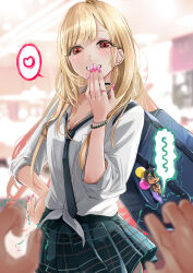  1girl 1other :d absurdres bag bead_bracelet beads black_necktie blonde_hair blurry blurry_background blush bracelet breasts cleavage collarbone commentary_request cowboy_shot ear_piercing earrings eyelashes fingernails gradient_hair green_skirt grin gyaru hand_on_own_hip hand_to_own_mouth hand_up heart highres holding holding_bag hoop_earrings indoors jewelry kitagawa_marin kogal l.f. laughing long_fingernails long_hair long_sleeves medium_breasts miniskirt multicolored_hair nail_polish necktie open_mouth orange_hair piercing pink_nails plaid plaid_skirt pleated_skirt pov pov_hands red_eyes ring school_uniform shirt shoulder_bag skirt sleeves_rolled_up smile sono_bisque_doll_wa_koi_wo_suru speech_bubble spoken_heart stud_earrings swept_bangs trembling very_long_hair white_shirt 