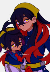 1boy 1girl absurdres black_hair blue_jacket blue_shirt blueberry_academy_school_uniform brother_and_sister buttons carmine_(pokemon) closed_mouth collared_shirt colored_inner_hair commentary_request creatures_(company) crossed_bangs game_freak gloves grey_background hair_between_eyes hairband highres jacket kieran_(pokemon) long_hair looking_at_viewer mole mole_under_eye multicolored_hair necktie nintendo pokemon pokemon_sv purple_hair red_gloves red_hair red_necktie school_uniform shirt short_hair siblings simple_background strap tisanntisyou white_background white_jacket yellow_eyes yellow_hairband zipper zipper_pull_tab 