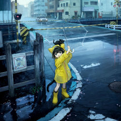 1girl absurdres after_rain animal animal_ears animal_on_head aqua_eyes arms_up black_hair black_headwear boots building car cat cat_ears cat_girl cat_hair_ornament cat_on_head cat_tail child commentary_request day facial_mark fence green_eyes hair_ornament highres holding holding_umbrella hood hood_up long_sleeves looking_up motor_vehicle on_head original outdoors poster_(object) puddle railroad_crossing railroad_signal railroad_tracks raincoat reflection road rubber_boots sho_(sho_lwlw) signature solo standing street tail town transparent transparent_umbrella umbrella water whisker_markings yellow_footwear rating:Sensitive score:15 user:danbooru