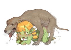  1girl all_fours bestiality blunt_bangs brown_eyes colored_skin completely_nude cum cum_overflow dog doggystyle fang full_body goblin green_skin highres loli nude open_mouth opossumachine orange_hair original pointy_ears saliva sex sex_from_behind simple_background sweat tongue tongue_out top-down_bottom-up white_background  rating:Explicit score:305 user:danbooru