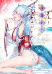  1girl antlers ass bare_shoulders blue_hair bottomless breasts detached_sleeves dragon dragon_girl dragon_horns dragon_tail feet_out_of_frame hand_up hisasi horns japanese_clothes large_breasts long_hair long_sleeves mixed_horns new_year nontraditional_miko obi original purple_eyes sash sideboob sitting solo tail wading wariza wide_sleeves 