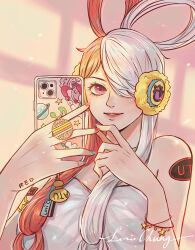 1girl absurdres alternate_costume artist_name cellphone character_name hair_over_one_eye hair_rings headphones highres long_hair looking_at_viewer loriri multicolored_hair nail_polish one_eye_covered one_piece one_piece_film:_red phone selfie signature smartphone smile solo twintails two-tone_hair uta_(one_piece) rating:General score:2 user:danbooru