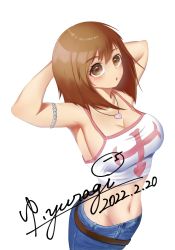  1girl blush breasts brown_eyes brown_hair cleavage dated elie elie_(rave) highres jewelry large_breasts looking_at_viewer mayoi_yuragi midriff miniskirt navel necklace open_mouth pencil_skirt rave short_hair signature simple_background skirt solo tank_top white_background  rating:Sensitive score:7 user:danbooru