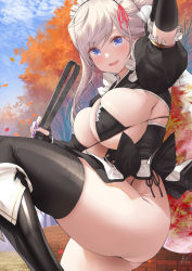  1girl alternate_costume autumn_leaves bikini black_bikini black_footwear black_gloves black_skirt black_thighhighs blue_eyes blue_sky blush boots breasts cleavage dress elbow_gloves fate/grand_order fate_(series) fingerless_gloves frills gloves highres huge_breasts knee_boots large_breasts layered_skirt long_hair looking_at_viewer maid maid_bikini miyamoto_musashi_(fate) nail_polish open_mouth pink_hair ponytail puffy_short_sleeves puffy_sleeves purple_nails short_dress short_sleeves skindentation skirt sky smile solo swept_bangs swimsuit thick_thighs thighhighs thighhighs_under_boots thighs tree unconventional_maid underbust uo_denim white_skirt wide_hips  rating:Sensitive score:101 user:danbooru