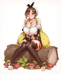  1girl absurdres atelier_(series) atelier_ryza atelier_ryza_1 belt boots breasts bridal_legwear brown_belt brown_eyes brown_gloves brown_thighhighs cleavage gloves hair_ornament hairclip highres jewelry kairunoburogu large_breasts leather leather_belt leather_gloves log mushroom necklace plant red_shorts reisalin_stout short_shorts shorts sitting smile solo star_(symbol) star_necklace thigh_boots thighhighs toeless_footwear toes white_headwear  rating:Sensitive score:177 user:danbooru
