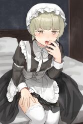  apron bedroom blonde_hair brown_eyes bulge clothes_lift drooling erection erection_under_clothes indoors maid maid_apron male_focus nipples_visible_through_shirt on_bed original saliva saliva_trail seductive_gaze see-through see-through_shirt shota skirt skirt_lift sunaba_(nczd5875) thighhighs tongue tongue_out 
