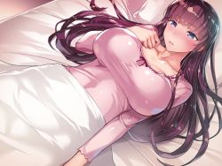 1girl absurdres bed bed_sheet blue_eyes blunt_bangs blush breasts chiibou_(shoukasen) female_focus from_above hand_on_own_chest hand_up highres hitozuma_ni_anji_de_nakadashi_lotion_chichi_massage,_cli_de_ikasete_to_kongan_suru_made indoors large_breasts long_hair looking_at_viewer lying on_bed original parted_lips pillow purple_hair solo rating:Sensitive score:37 user:Ynyswydryn