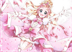  1girl :d bad_id bad_pixiv_id blonde_hair blue_eyes bow choker cure_flora gloves go!_princess_precure gradient_hair haruno_haruka highres looking_at_viewer magical_girl miyanonnon multicolored_hair open_mouth petals pink_bow pink_hair precure smile solo two-tone_hair waist_bow white_gloves 