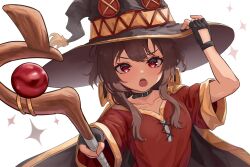  1girl :o absurdres black_gloves brown_cape brown_hair button_eyes buttons cape collar dress fingerless_gloves gloves hat highres holding holding_staff kono_subarashii_sekai_ni_shukufuku_wo! looking_at_viewer mage_staff megumin open_mouth plant-new-art red_dress red_eyes short_hair_with_long_locks solo staff witch_hat 