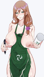  1girl barista between_breasts blush breastfeeding breasts breasts_out celyn404 genshin_impact highres iced_latte_with_breast_milk_(meme) lactation large_areolae large_breasts lisa_(genshin_impact) meme nipples pussy solo starbucks wet  rating:Explicit score:233 user:danbooru
