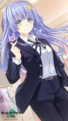 1girl 2015 belt breasts character_request coat date_a_live earrings formal grey_eyes jewelry light_blush long_hair medium_breasts official_art purple_hair shirt smile suit t-shirt