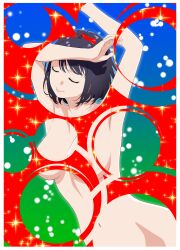  1girl absurdres areola_slip armpits arms_up breasts bubble_filter censored closed_eyes closed_mouth convenient_censoring highres jijo_(kakitama) kakitama large_breasts navel nude original out-of-frame_censoring smile snowflakes solo sparkle 