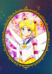 1girl absurdres bishoujo_senshi_sailor_moon bishoujo_senshi_sailor_moon_crystal bishoujo_senshi_sailor_moon_stars blonde_hair blue_eyes blue_sailor_collar brooch choker closed_mouth crescent crescent_facial_mark earrings elbow_gloves eternal_moon_article eternal_sailor_moon facial_mark forehead_mark gloves hair_ornament hairpin heart heart_brooch highres jewelry long_hair magical_girl official_art parted_bangs pleated_skirt portrait puffy_sleeves red_choker sailor_collar sailor_moon sailor_senshi_uniform scan see-through see-through_sleeves skirt smile solo takahashi_akira tsukino_usagi twintails white_gloves white_wings wings yellow_skirt  rating:General score:1 user:danbooru