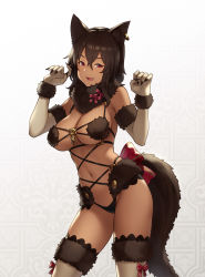  1girl :d alternate_color animal_ears backlighting bastet_(houtengeki) black_panties bow breasts brown_hair cleavage commentary contrapposto cosplay cowboy_shot dark-skinned_female dark_skin earrings elbow_gloves fang fate/grand_order fate_(series) fur_trim gloves hair_between_eyes highres houtengeki jewelry large_breasts looking_at_viewer mash_kyrielight mash_kyrielight_(dangerous_beast) mash_kyrielight_(dangerous_beast)_(cosplay) medium_hair navel official_alternate_costume open_mouth original panties paw_pose red_eyes revealing_clothes smile solo tail tail_bow tail_ornament thighhighs underwear wolf_ears wolf_tail  rating:Sensitive score:70 user:danbooru
