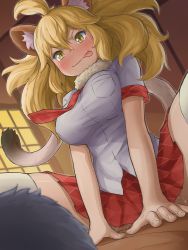 10s 1boy 1girl animal_ears bad_id bad_pixiv_id blonde_hair blush breasts clothed_sex hetero highres kemono_friends large_breasts lion_(kemono_friends) lion_ears lion_tail sex skirt tail tayuura_(kuwo) tongue vaginal yellow_eyes rating:Explicit score:29 user:tanaab1234567890