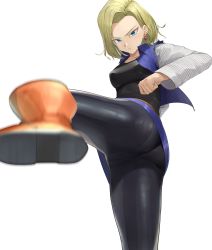  1girl absurdres android_18 ano_(gccx8784) ass bad_id bad_pixiv_id blonde_hair blue_eyes blurry blurry_background blurry_foreground breasts depth_of_field dragon_ball dragonball_z earrings highres huge_ass jacket jewelry kicking leg_up medium_breasts motion_blur pantyhose short_hair simple_background skirt solo underwear upskirt view_between_legs white_background  rating:Sensitive score:109 user:molecast