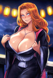  1girl black_kimono bleach blue_eyes blush breasts chain chain_necklace cleavage female_focus highres huge_breasts iahfy japanese_clothes jewelry kimono long_hair looking_at_viewer matsumoto_rangiku mole mole_on_breast mole_under_mouth necklace orange_hair pink_scarf scarf solo  rating:Sensitive score:64 user:catonfire26