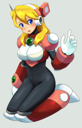  1girl alia_(mega_man) android armor blonde_hair blue_eyes blush bodysuit boots breasts capcom gloves green_eyes hair_between_eyes hairband headgear headset knee_boots large_breasts long_hair mega_man_(series) mega_man_x_(series) ni-jo open_mouth robot seiza simple_background sitting solo white_gloves  rating:Sensitive score:26 user:danbooru
